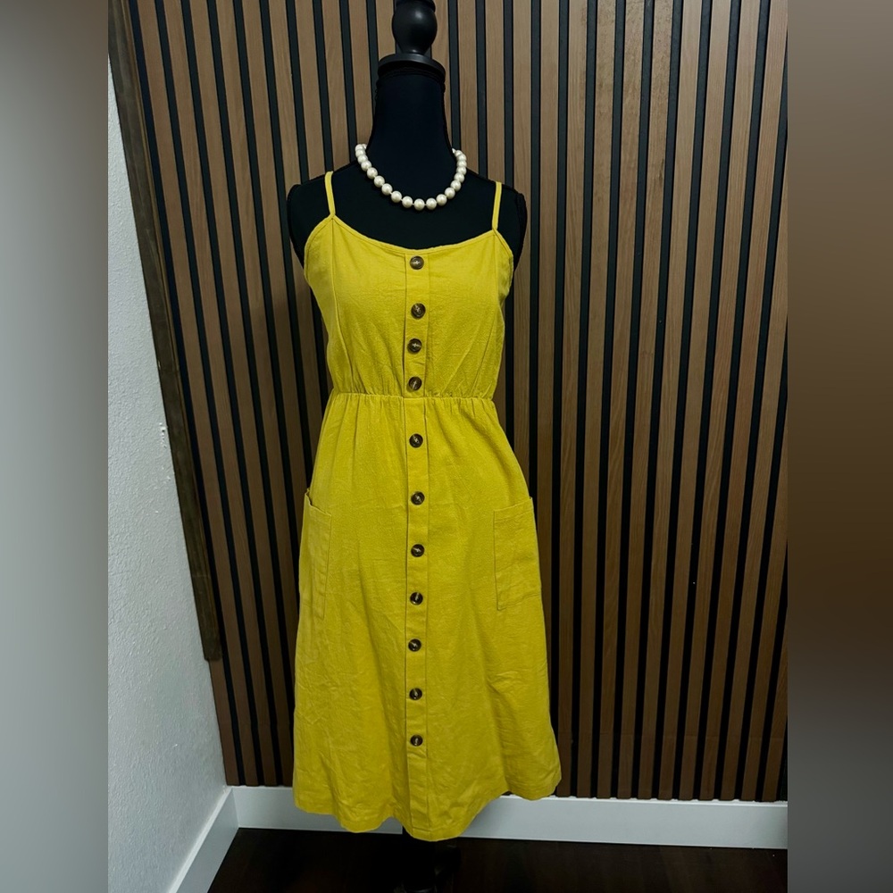 Mustard yellow color Button-Front Strap summer Dress